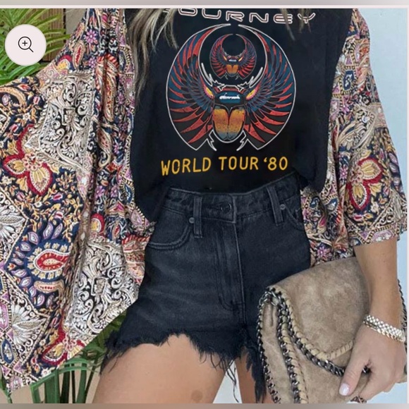 Black Graphic Tee with Colorful Kimono - Picture 1 of 3